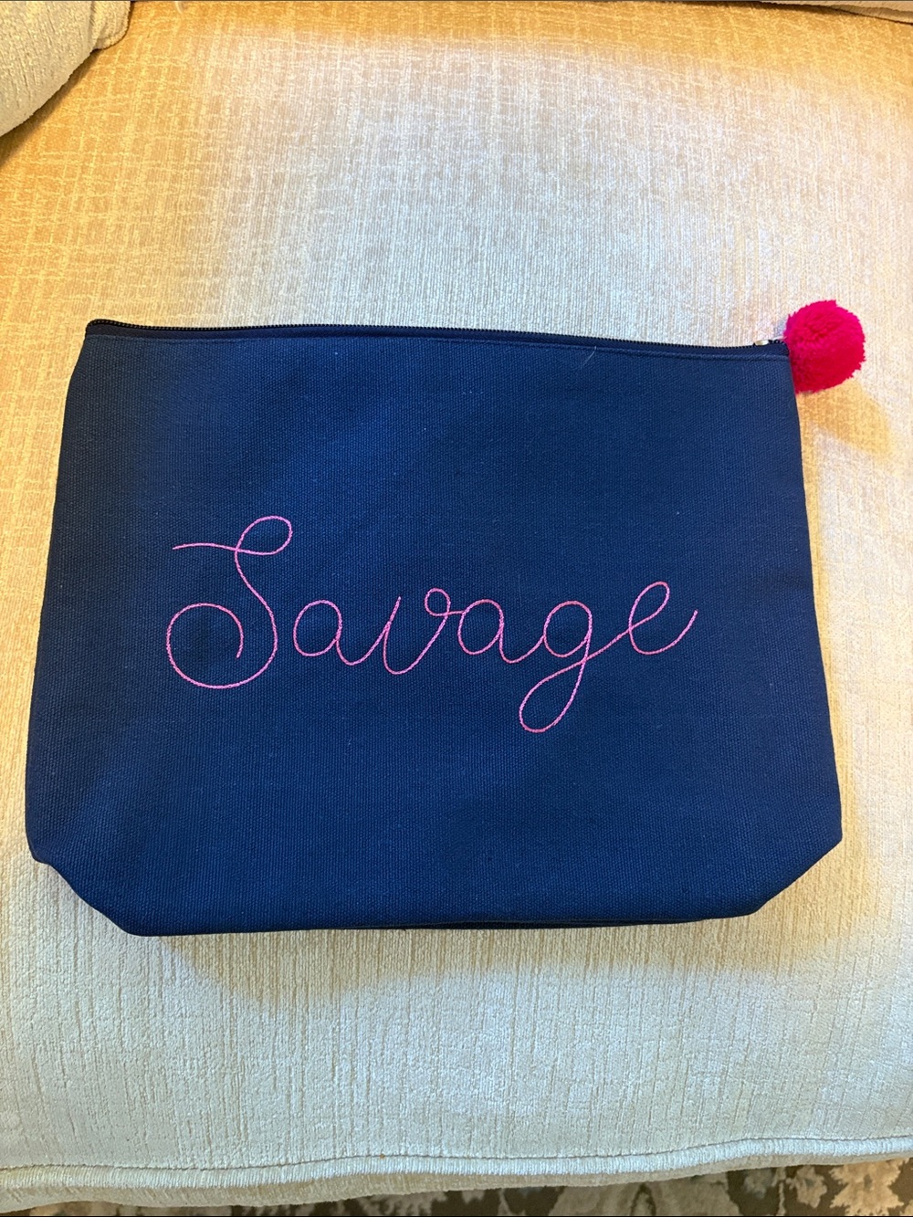 Source Unknown Navy Cosmetic Pouch with Pink Embroidery and Pom